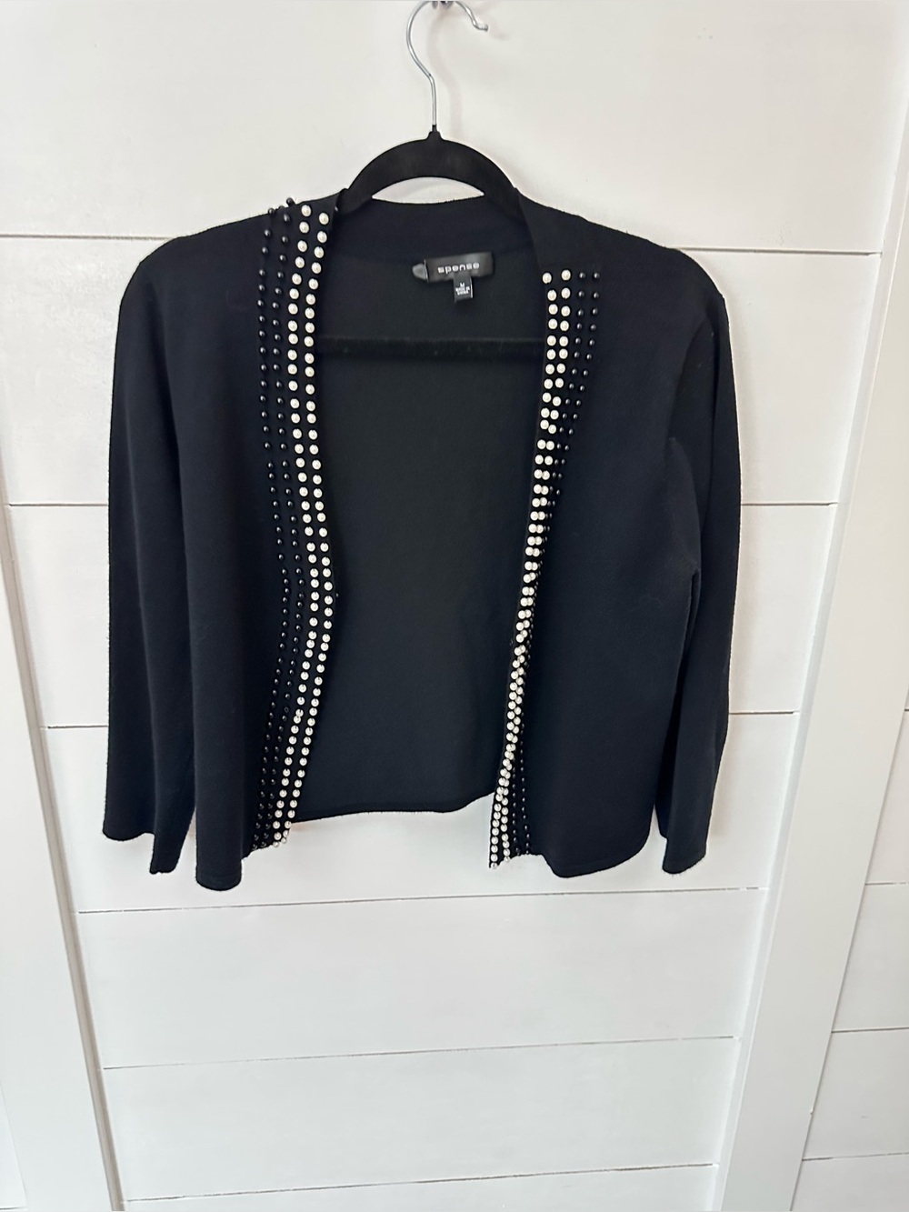 Spence VTG M black pearl lined detail open front classic old money cardigan - Picture 2 of 12